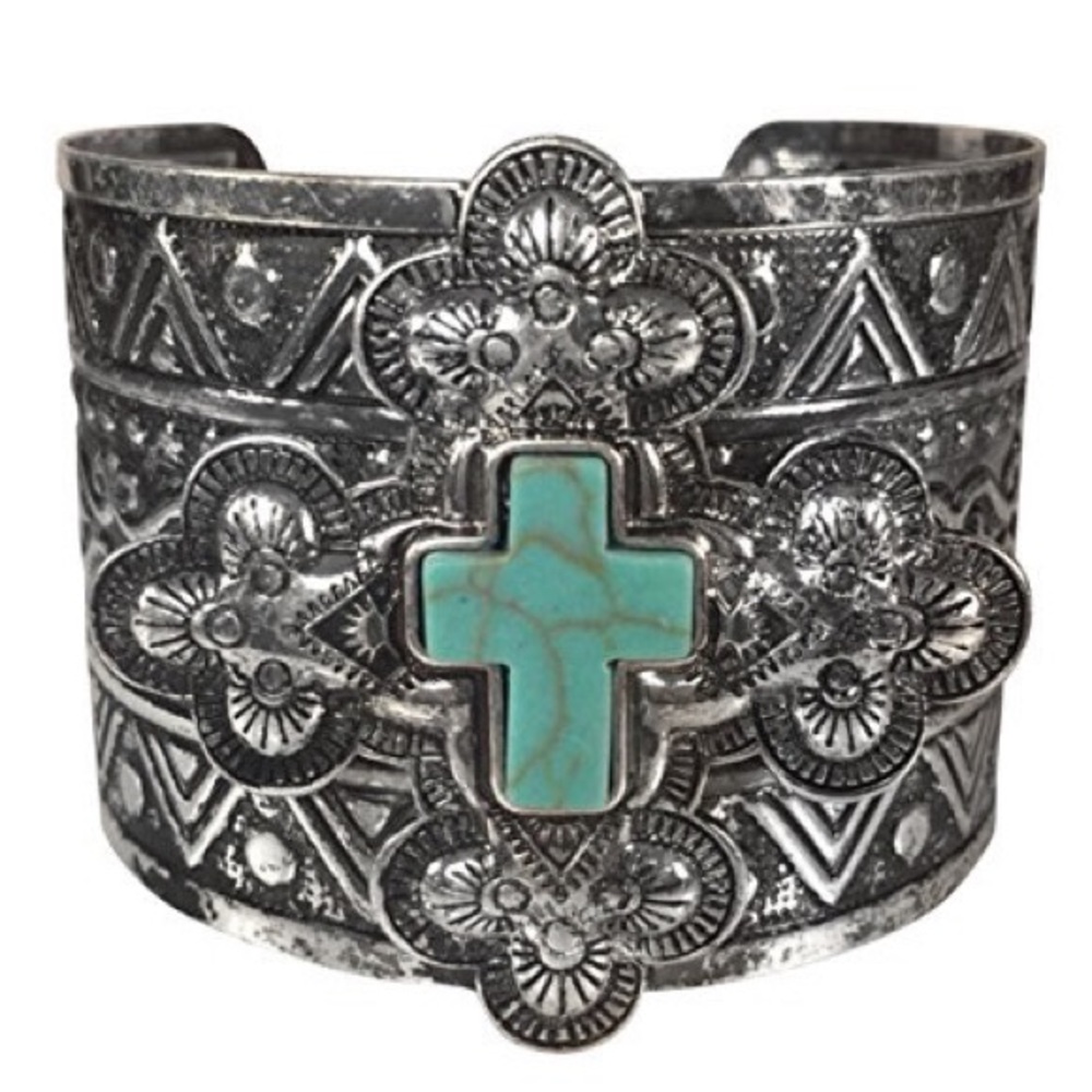 Wide Western Tribal Style Turquoise Cross Silver Cuff Bracelet